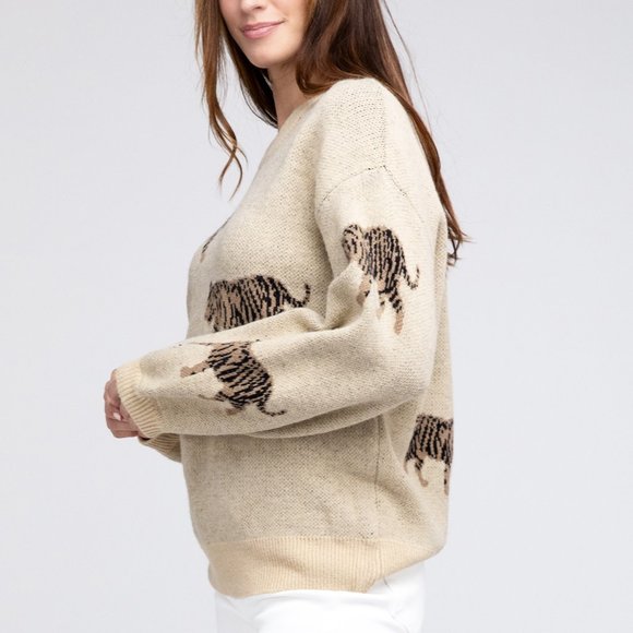Relaxed Fit Long Sleeve Tiger Print Sweater in Oatmeal - Picture 4 of 5